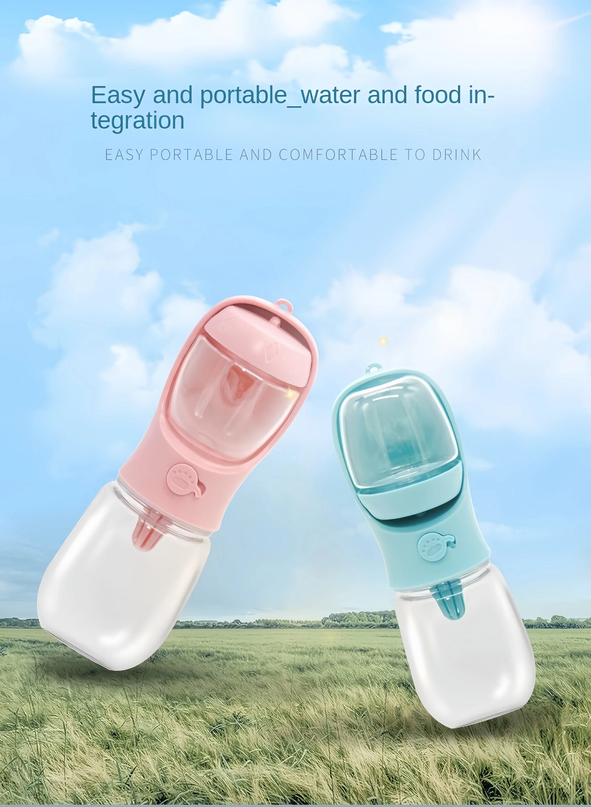 Travel bottle in pink and blue outdoors