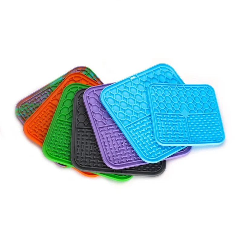 Lick mat colors: blue, purple, orange, grey and green