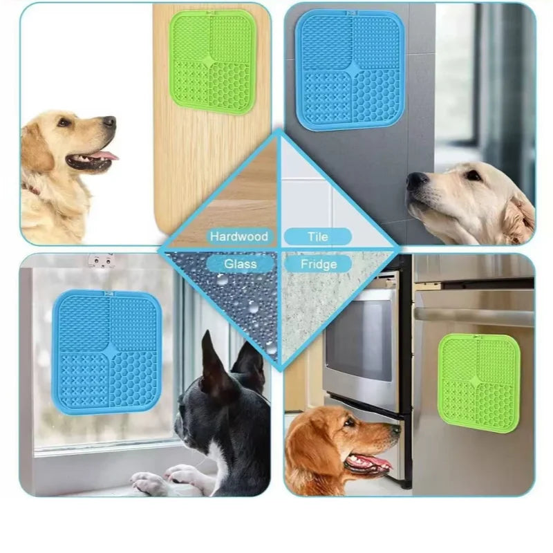 Suction cups hold the lick mat on floors, walls and tiles