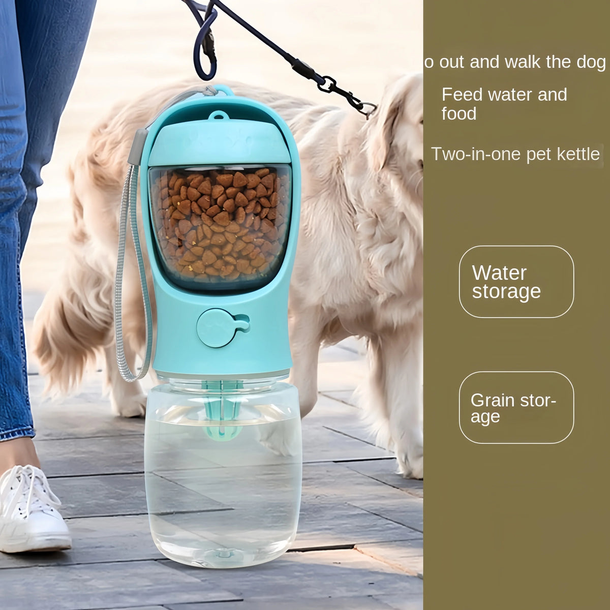 Dog on a walk with the Quorix 2-in-1 Food & Water Travel Bottle