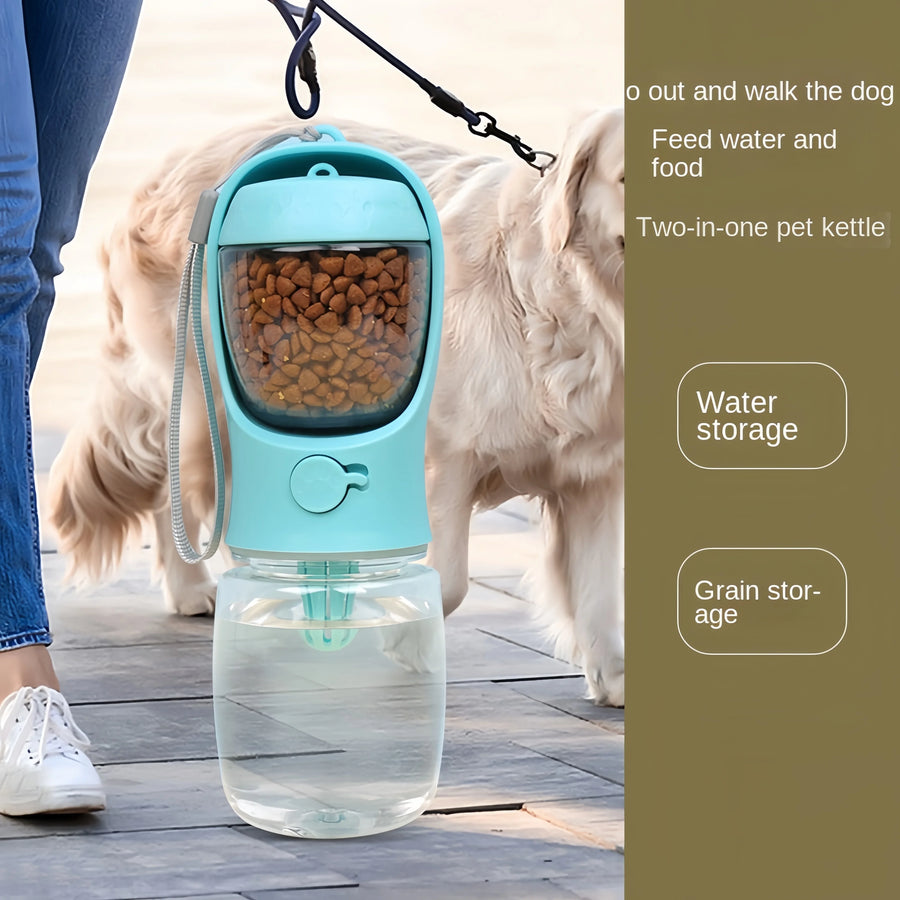 Dog on a walk with the Quorix 2-in-1 Food & Water Travel Bottle