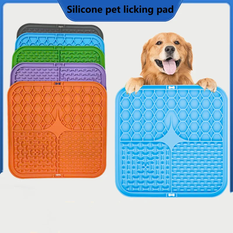Slow Lick Mat in five colors with a happy dog